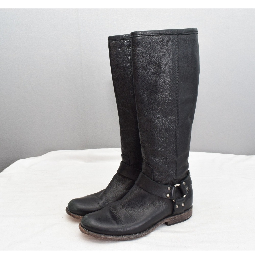 Frye Phillip Harness Tall Boots 7.5 Black Leather Back Zip Moto Women 76850